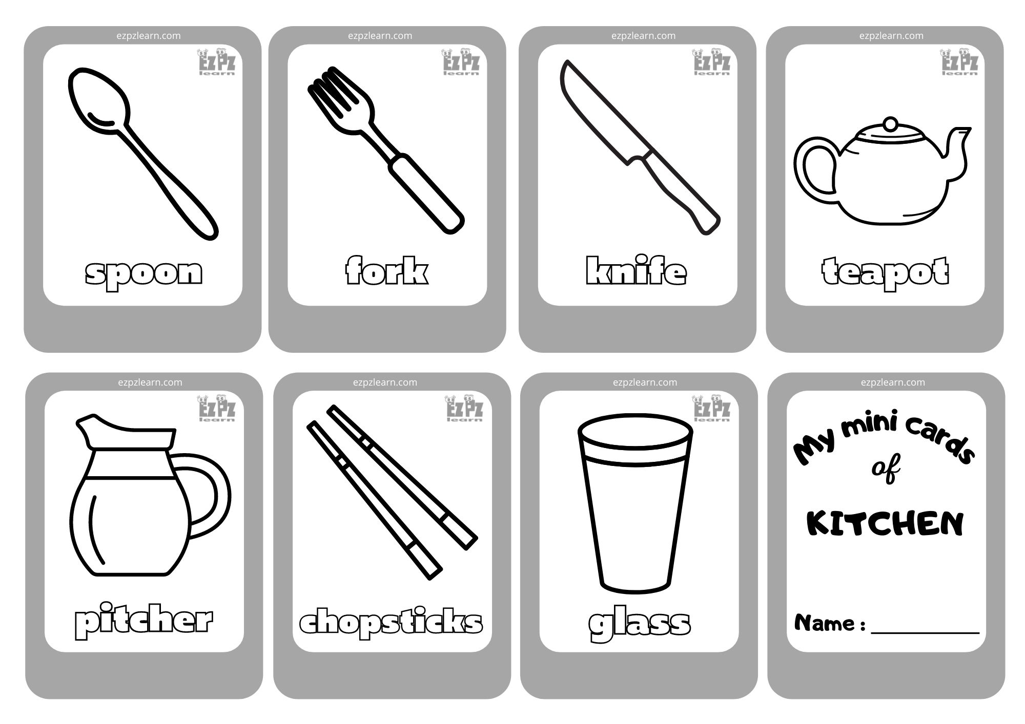 Kitchen Utensils 2 Mini Cards Coloring